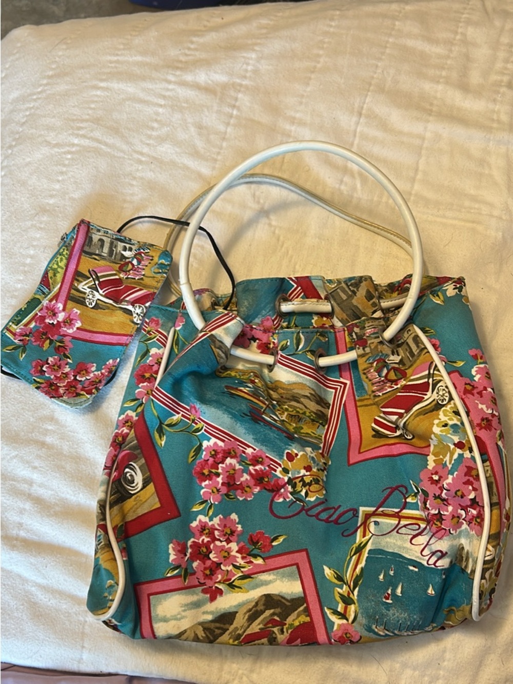 New York & Company Teal Scenic Floral Tote with White Handles and Pink Accents